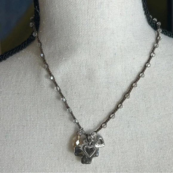 Brighton Karma Crystal Cross Necklace Silver Plated Braided Brown Beaded 17" - Picture 3 of 11